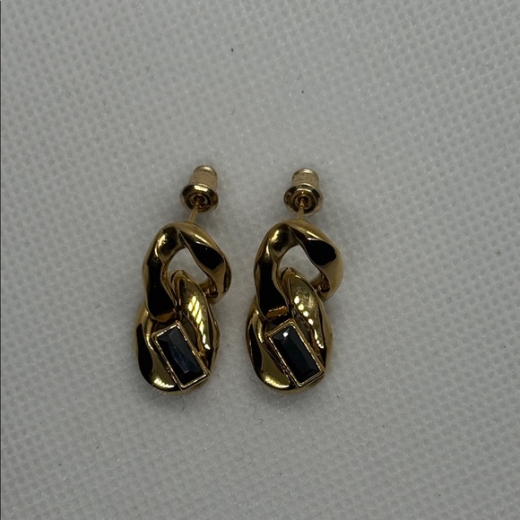 Stainless Steel Gold Tone Loop Earrings with Black Onyx - Picture 2 of 3